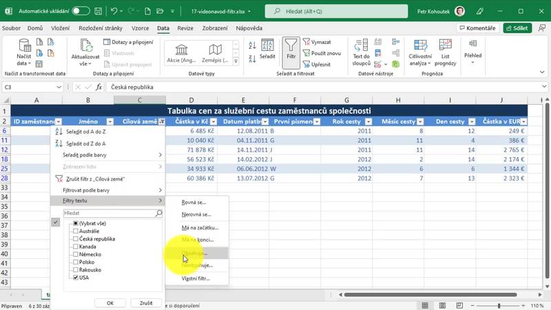 Excel pro začátečníky ukázka filtrování